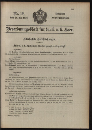 Kaiserlich-königliches Armee-Verordnungsblatt: Personal-Angelegenheiten 19100528 Seite: 1