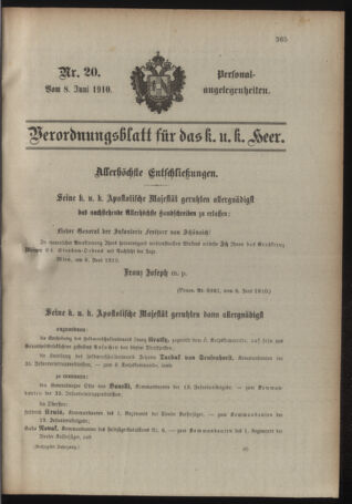 Kaiserlich-königliches Armee-Verordnungsblatt: Personal-Angelegenheiten 19100608 Seite: 1