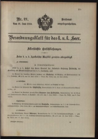 Kaiserlich-königliches Armee-Verordnungsblatt: Personal-Angelegenheiten 19100618 Seite: 1