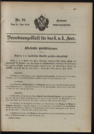 Kaiserlich-königliches Armee-Verordnungsblatt: Personal-Angelegenheiten 19100628 Seite: 1