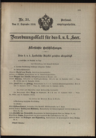 Kaiserlich-königliches Armee-Verordnungsblatt: Personal-Angelegenheiten 19100917 Seite: 1