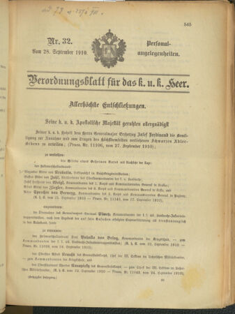 Kaiserlich-königliches Armee-Verordnungsblatt: Personal-Angelegenheiten 19100928 Seite: 1