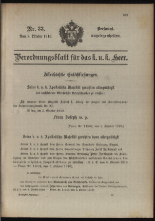 Kaiserlich-königliches Armee-Verordnungsblatt: Personal-Angelegenheiten 19101008 Seite: 1