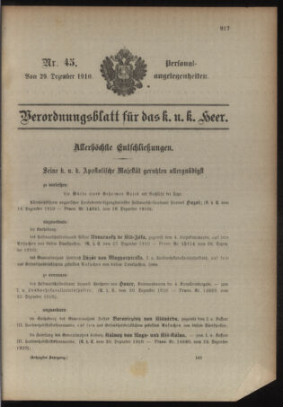 Kaiserlich-königliches Armee-Verordnungsblatt: Personal-Angelegenheiten 19101229 Seite: 1