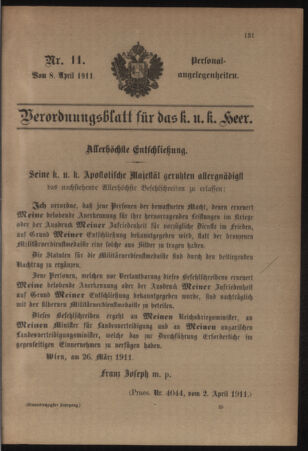 Kaiserlich-königliches Armee-Verordnungsblatt: Personal-Angelegenheiten 19110408 Seite: 1