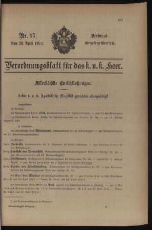 Kaiserlich-königliches Armee-Verordnungsblatt: Personal-Angelegenheiten 19110429 Seite: 1