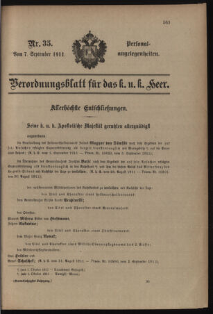 Kaiserlich-königliches Armee-Verordnungsblatt: Personal-Angelegenheiten 19110907 Seite: 1