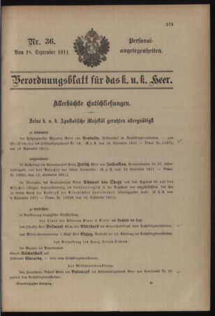 Kaiserlich-königliches Armee-Verordnungsblatt: Personal-Angelegenheiten 19110918 Seite: 1