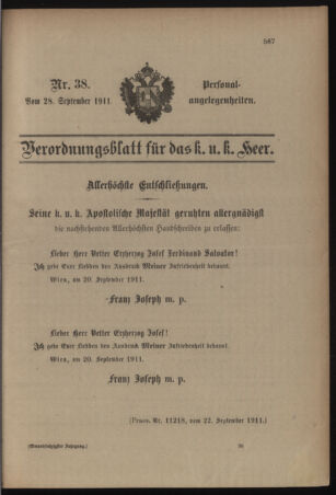 Kaiserlich-königliches Armee-Verordnungsblatt: Personal-Angelegenheiten 19110928 Seite: 1