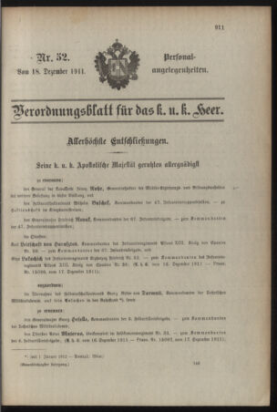 Kaiserlich-königliches Armee-Verordnungsblatt: Personal-Angelegenheiten 19111218 Seite: 1