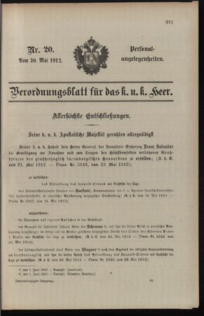 Kaiserlich-königliches Armee-Verordnungsblatt: Personal-Angelegenheiten 19120530 Seite: 1