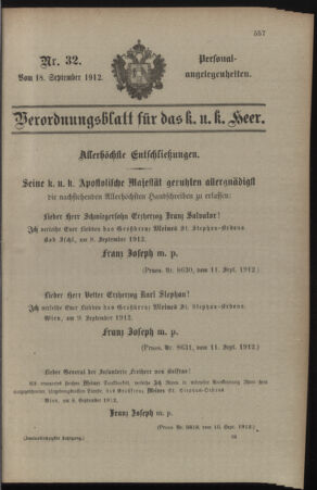 Kaiserlich-königliches Armee-Verordnungsblatt: Personal-Angelegenheiten 19120918 Seite: 1