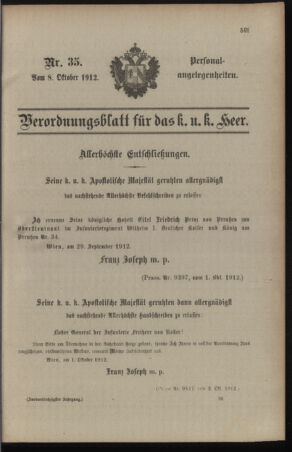 Kaiserlich-königliches Armee-Verordnungsblatt: Personal-Angelegenheiten 19121008 Seite: 1