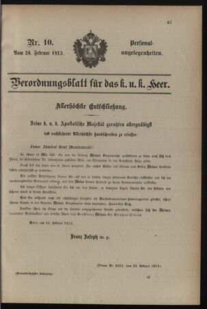 Kaiserlich-königliches Armee-Verordnungsblatt: Personal-Angelegenheiten 19130226 Seite: 1