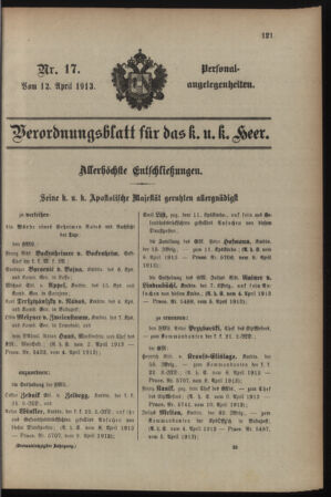 Kaiserlich-königliches Armee-Verordnungsblatt: Personal-Angelegenheiten 19130412 Seite: 1