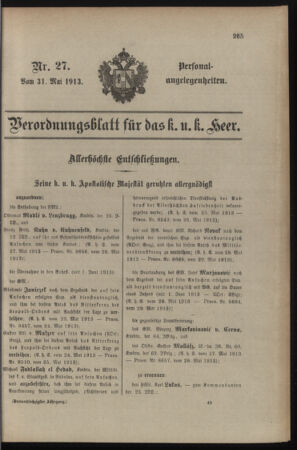 Kaiserlich-königliches Armee-Verordnungsblatt: Personal-Angelegenheiten 19130531 Seite: 1