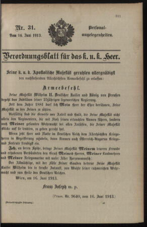 Kaiserlich-königliches Armee-Verordnungsblatt: Personal-Angelegenheiten 19130616 Seite: 1