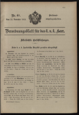 Kaiserlich-königliches Armee-Verordnungsblatt: Personal-Angelegenheiten 19131122 Seite: 1