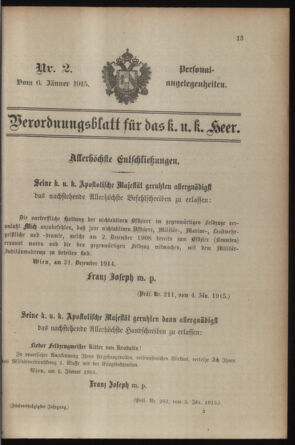 Kaiserlich-königliches Armee-Verordnungsblatt: Personal-Angelegenheiten 19150106 Seite: 1