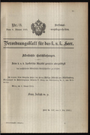 Kaiserlich-königliches Armee-Verordnungsblatt: Personal-Angelegenheiten 19150109 Seite: 1