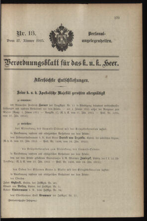 Kaiserlich-königliches Armee-Verordnungsblatt: Personal-Angelegenheiten 19150127 Seite: 1