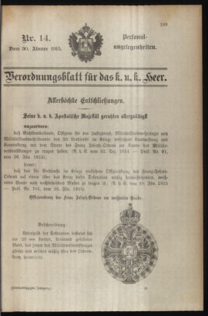 Kaiserlich-königliches Armee-Verordnungsblatt: Personal-Angelegenheiten 19150130 Seite: 1