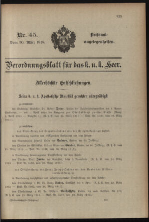 Kaiserlich-königliches Armee-Verordnungsblatt: Personal-Angelegenheiten 19150330 Seite: 1