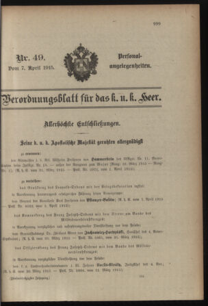 Kaiserlich-königliches Armee-Verordnungsblatt: Personal-Angelegenheiten 19150407 Seite: 1