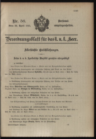 Kaiserlich-königliches Armee-Verordnungsblatt: Personal-Angelegenheiten 19150424 Seite: 1