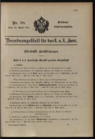 Kaiserlich-königliches Armee-Verordnungsblatt: Personal-Angelegenheiten 19150427 Seite: 1