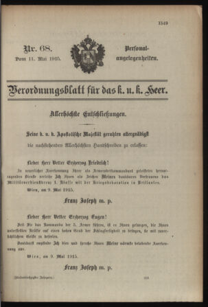 Kaiserlich-königliches Armee-Verordnungsblatt: Personal-Angelegenheiten 19150511 Seite: 1