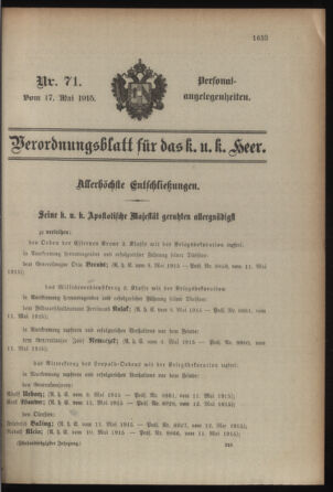 Kaiserlich-königliches Armee-Verordnungsblatt: Personal-Angelegenheiten 19150517 Seite: 1