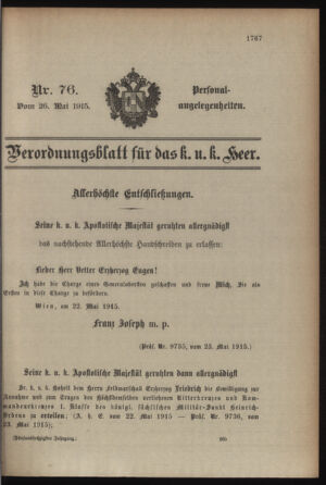 Kaiserlich-königliches Armee-Verordnungsblatt: Personal-Angelegenheiten 19150526 Seite: 1