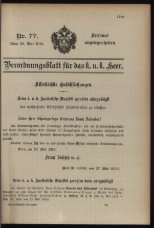 Kaiserlich-königliches Armee-Verordnungsblatt: Personal-Angelegenheiten 19150529 Seite: 1