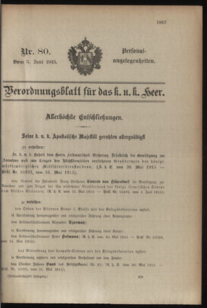 Kaiserlich-königliches Armee-Verordnungsblatt: Personal-Angelegenheiten 19150605 Seite: 1