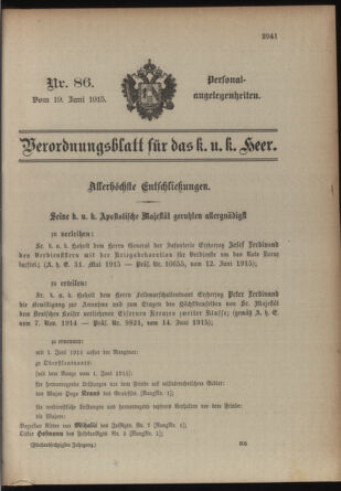 Kaiserlich-königliches Armee-Verordnungsblatt: Personal-Angelegenheiten 19150619 Seite: 1