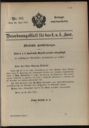 Kaiserlich-königliches Armee-Verordnungsblatt: Personal-Angelegenheiten 19150628 Seite: 1