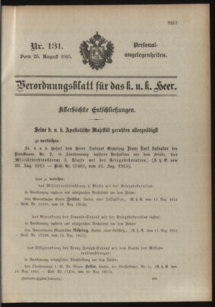 Kaiserlich-königliches Armee-Verordnungsblatt: Personal-Angelegenheiten 19150825 Seite: 1