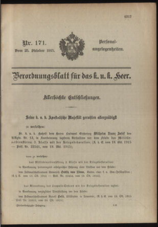 Kaiserlich-königliches Armee-Verordnungsblatt: Personal-Angelegenheiten 19151025 Seite: 1