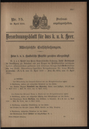 Kaiserlich-königliches Armee-Verordnungsblatt: Personal-Angelegenheiten 19160422 Seite: 1