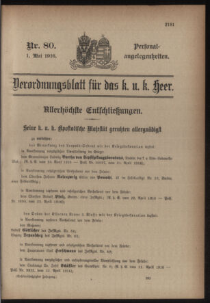 Kaiserlich-königliches Armee-Verordnungsblatt: Personal-Angelegenheiten 19160501 Seite: 1