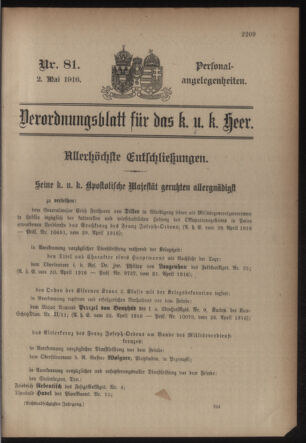 Kaiserlich-königliches Armee-Verordnungsblatt: Personal-Angelegenheiten 19160502 Seite: 1