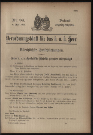 Kaiserlich-königliches Armee-Verordnungsblatt: Personal-Angelegenheiten 19160506 Seite: 1