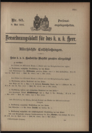 Kaiserlich-königliches Armee-Verordnungsblatt: Personal-Angelegenheiten 19160508 Seite: 1