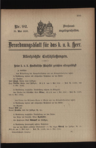 Kaiserlich-königliches Armee-Verordnungsblatt: Personal-Angelegenheiten 19160515 Seite: 1