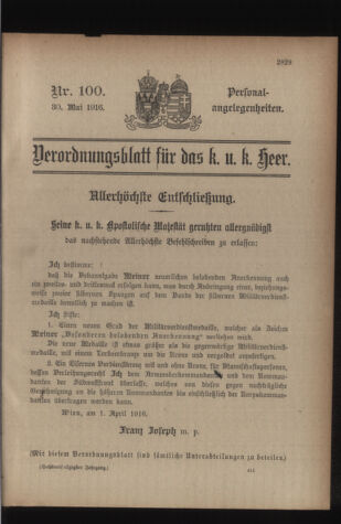 Kaiserlich-königliches Armee-Verordnungsblatt: Personal-Angelegenheiten 19160530 Seite: 1