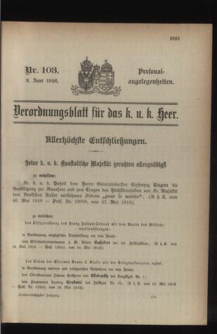 Kaiserlich-königliches Armee-Verordnungsblatt: Personal-Angelegenheiten 19160603 Seite: 1