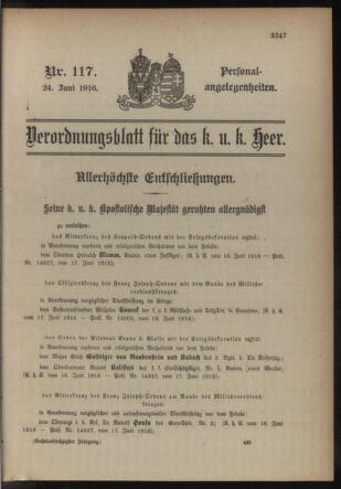 Kaiserlich-königliches Armee-Verordnungsblatt: Personal-Angelegenheiten 19160624 Seite: 1