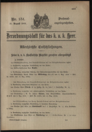 Kaiserlich-königliches Armee-Verordnungsblatt: Personal-Angelegenheiten 19160821 Seite: 1