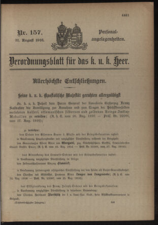 Kaiserlich-königliches Armee-Verordnungsblatt: Personal-Angelegenheiten 19160831 Seite: 1